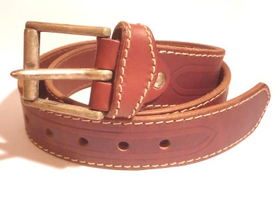 Ceinture En Cuir Marron - Dessins Gravés - Boucle Argentée - Vintage Années 90 - Photo 1/4