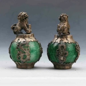 EXQUISITE CHINESE SILVER DRAGON INLAID GREEN JADE HAND CARVED PAIR LION STATUE - Picture 1 of 5