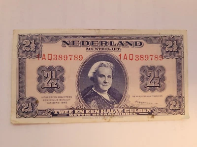 1945 Netherlands 2 1/2 Gulden Queen Wilhelmina IAQ389789 Bank Note - Image 1 of 2