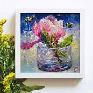Magnolie Blume Biene Original Ölgemälde Frühlingsblumen kleine Kunst 4х4 Zoll so - Bild 1 von 11