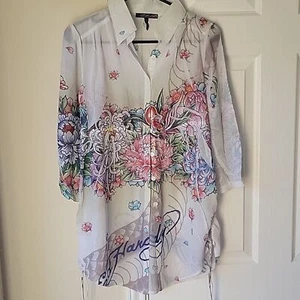ED HARDY by Christian Audiger S Blouse Abstract Button Up Floral - Picture 1 of 9