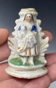 2-1/4" Antique Miniature Staffordshire Porcelain Polychrome Woman Figurine 19th - Picture 1 of 7