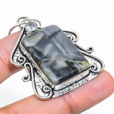 Maligano Diaspro, Topazio Bianco Gemma 925 Sterling Argento Gioielli Ciondolo - Immagine 1 di 4