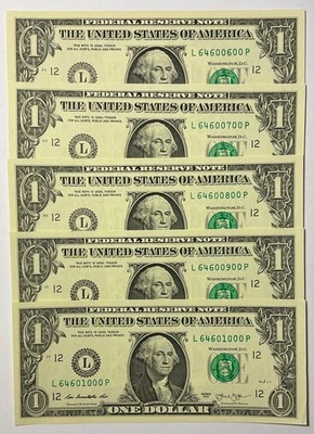 2013  FIVE  $1  DOLLAR  BILLS  FANCY  SERIALS  NEW  UNCIRCULATED  IN  SEQUENCE - Image 1 of 3