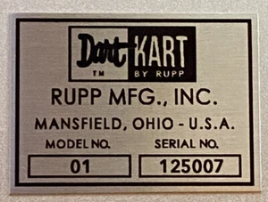 Rupp Dart Kart, Rupp Dart Cycle, ID tag Includes printing # Solid Aluminum USA - Picture 1 of 2