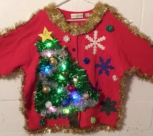 Ugly Christmas Sweater Cardigan Christmas Tree Lights Snowflakes Womens 1X Wool - Picture 1 of 6