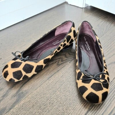 VIA SPIGA Bronceado/Negro Leopardo Piel de becerro Ballet Plano Talla 7M Diseñador Clásico Foto 1 de 4