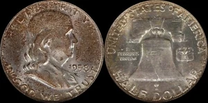 1958 D Franklin Medio Dólar NGC Tóner Plata Obsoleta EE. UU. Antiguo Tipo Moneda Crujiente - Imagen 1 de 5