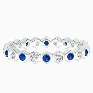 Hexagonal Rounnd Blue Sapphire Full Eternity Band Women Ring 925 Sterling Silver - Picture 1 of 5