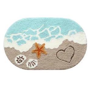 Beach-Themed Ultra-Thick Bath Mat Wave Sand Shell Bathroom Rugs with Non-Slip... - Picture 1 of 7