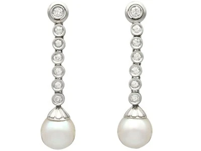 1.10 Carat Diamond and Cultured Pearl Drop Earrings - Vintage 1950s - Image 1 of 4