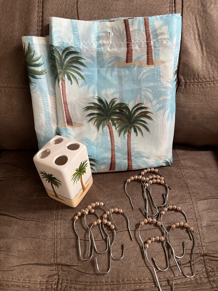 Palmera Cortina de Ducha Transparente/Satinado con Ganchos y Soporte para Cepillo de Dientes Foto 1 de 1