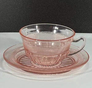Set tazza da tè e piattino vintage anchor hocking coronazione rosa depressione - Foto 1 di 8