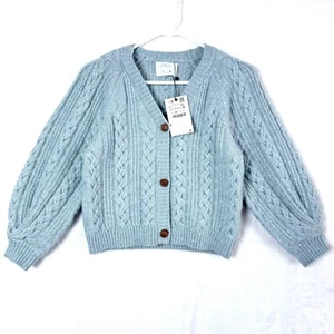 Zara Girls Cable Knit Cardigan Sweater Girls Size 9 Womens XS Baby Blue NEW - Picture 1 of 6