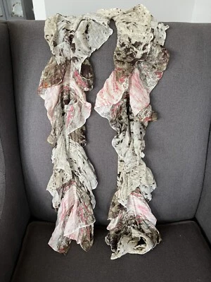 Talbots Scarf Peach Brown Floral Paisley w/ side Ruffle Rayon  10” x 55" - Image 1 of 4