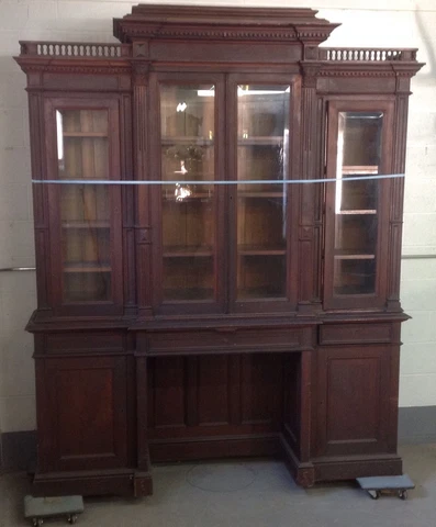 19th c. WALNUT 4 DOOR BEVELED GLASS BREAKFRONT Cover