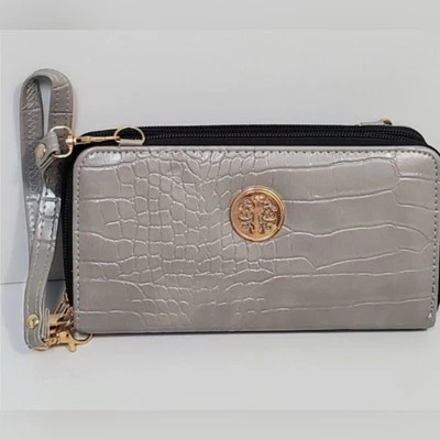 Sasha Women's Wristlet/Crossbody, Double Zip Wallet, Gold Logo, Gray - Image 1 of 4