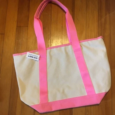 NWT Old Navy Canvas Tote Travel Picnick Shopping Bag CREAM Pink 🌸Cotton Trim ❣️ - Image 1 of 4