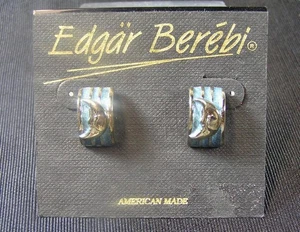 Vintage Signed EDGAR BEREBI Enameled Half Moon Earrings , Gold Tone Pierced MOC - Picture 1 of 4