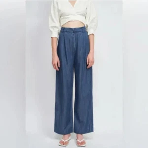 Pantalone denim En Season Xiana taglia large gamba larga chambray plissettato davanti nuovo con etichette - Foto 1 di 15