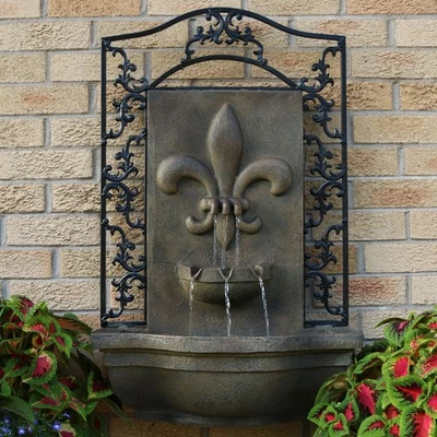 French Lily Polystone Outdoor Wall Fountain - Florentine Stone by Sunnydaze - Image 1 of 4