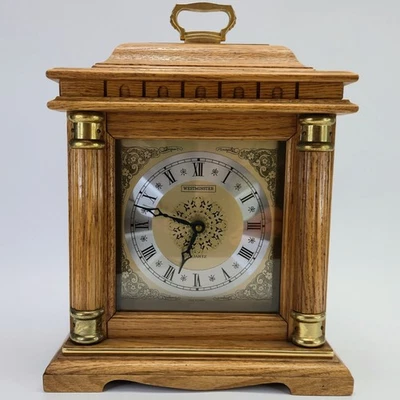 Westminster Quartz Oak Wood w/ Brass Accents Mantle Hourly Chime Clock 13.5" - Image 1 of 4