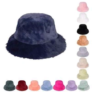 Womens Winter Fluffy Plush Bucket Hat Warm Faux Fur Soft Foldable Fisherman Cap - Picture 1 of 16