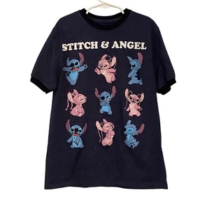 Disney Stitch and Angel T Shirt Blue Youth Large 12 14 Short Sleeves Ringer - Picture 1 of 3