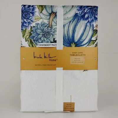 Nicole Miller Oblong Tablecloth 60x104 Fall Autumn Blue Brown Pumpkins Dahlia - Image 1 of 4