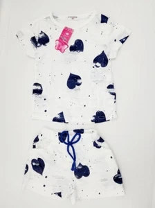 Girl's Dark Blue Heart White Outfit Set Shirt Shorts Scalloped Texture Design - Picture 1 of 2