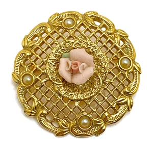 1928 Co Brooch Porcelain Rose Victorian Revival Basketweave Pin Faux Pearl - Picture 1 of 4