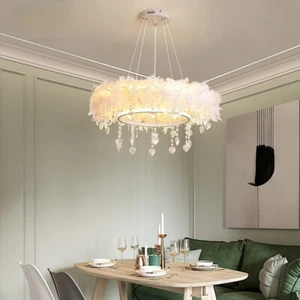 Modern Crystal LED Ceiling Light Soft Feather Pendant Lamp Chandeliers Lights UK - Picture 1 of 10