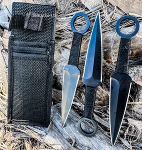 6.75" All Black Ninja Kunai Throwing Knives 3 Pc Set With Nylon Sheath - Picture 1 of 1