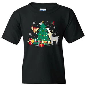 Woodland Winter Christmas - Cute Animals Cartoon Holiday Youth T Shirt - Picture 1 of 24