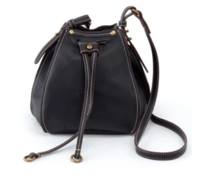 HOBO Cinder Drawstring Black Leather Bucket/Crossbody Bag - Image 1 of 4