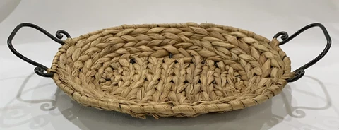 Vintage Grass Weave Decorative Metal Handled Tray Basket Rustic Boho 17.5” Cover