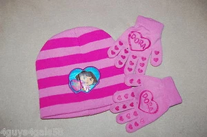 Girls GLOVES STOCKING HAT SET Knit PINK Stripes Hearts DORA - Picture 1 of 1