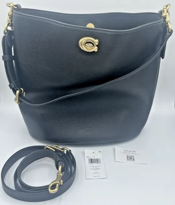 Мягкая сумка-ведро Coach Willow с 2 ремешками латунь/черная полированная шагреневая кожа новая с ценниками - Изображение 1 из 4