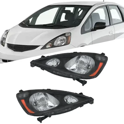 Headlights Assembly For Honda Fit 2009-2014 LH+RH Side Clear Lens Halogen Black - Image 1 of 4