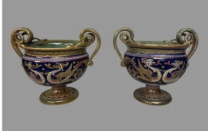 Pair of Antique Italian Dragon Decorated Faience Vases w Figural Snake Handles - Picture 1 of 13