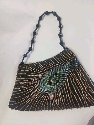 Cato Beaded Evening Purse Peacock Feather Design Black Beaded Handle Zip Closure - Image 1 of 4