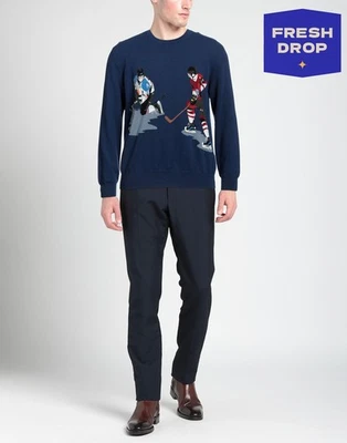 RRP €845 BALLANTYNE Cashmere Jumper IT50 US40 L Blue Hockey Intarsia Crew Neck - Image 1 of 4