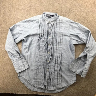 Vintage Polo Ralph Lauren Shirt Men Large 16-33 Blue Chambray Pleated Bib Tuxedo - Image 1 of 4