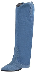 Berness Damen Foldover Kniehohe Stiefel Western Versteckter High Heel BRANDY Blau Denim - Bild 1 von 6