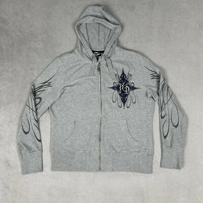 VTG Harley Davidson Rhinestone Bling Hoodie Women XL Full Zip Flames Bling Grey - Image 1 of 4