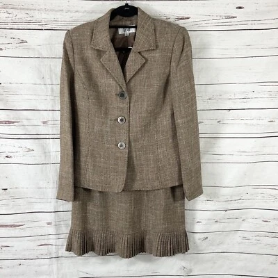 Le Suit 2PC 裙子套装女式 8 棕色西装纽扣长袖格子 — 第 1/4 张图片