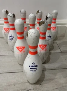 Set Of 10 Real Bowling Pins Vintage Amflite Hardwood Skittle Well Used Condition - Picture 1 of 4