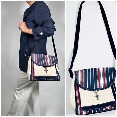 VTG LIZ CLAIBORNE Nautical Cotton Canvas Blue White Striped Crossbody Bag - Image 1 of 4
