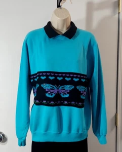 Hanes Women's Vintage Made In USA Turquoise Teal & Black Butterfly Top, Size L - Picture 1 of 17