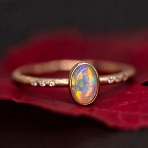 Matte Finish Engagement Ring Australian Crystal Opal Diamond 14K Yellow Gold - Picture 1 of 5